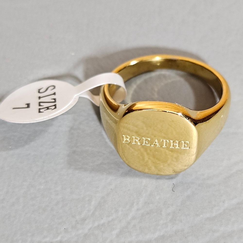 Gold Tone BREATHE Engraved Oval Signet Ring Size 7